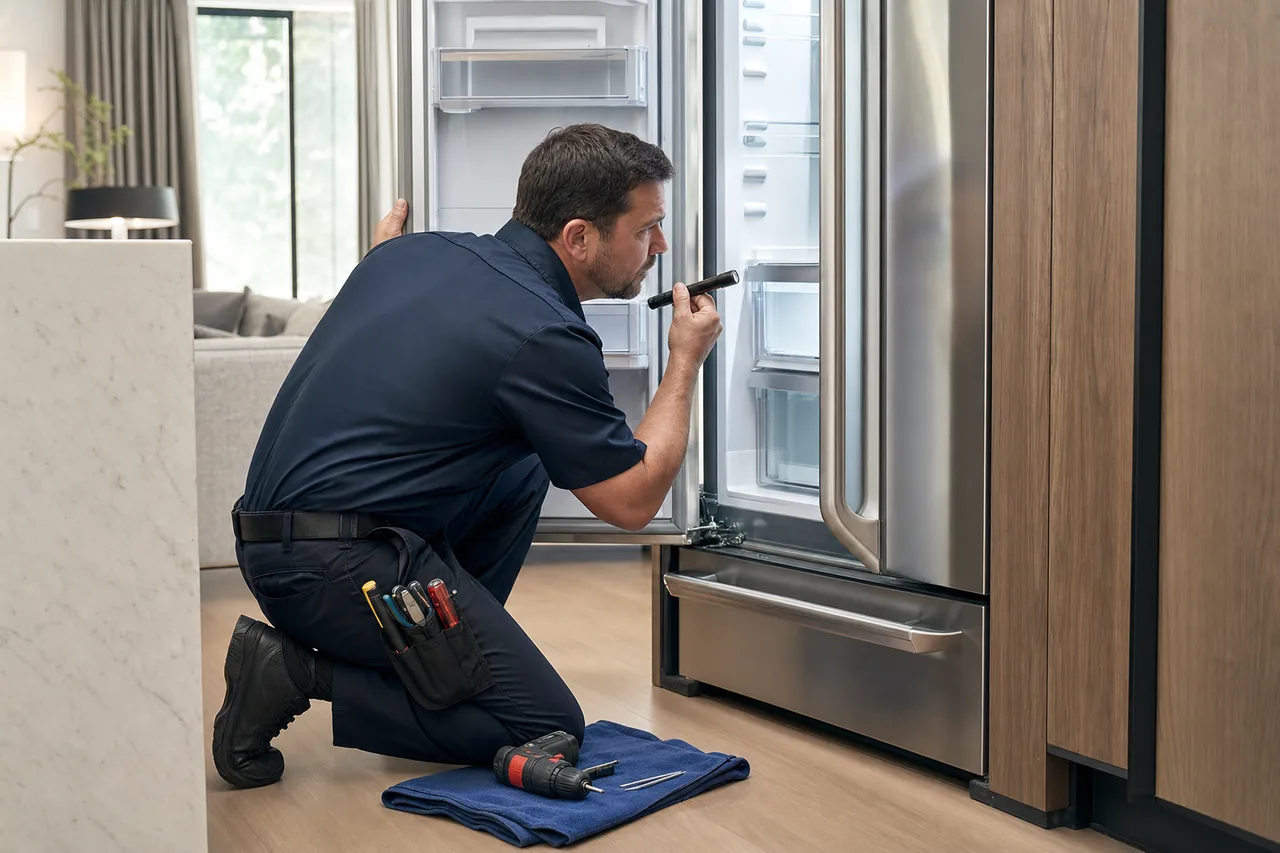 Technician repairing a built-in refrigerator up close
